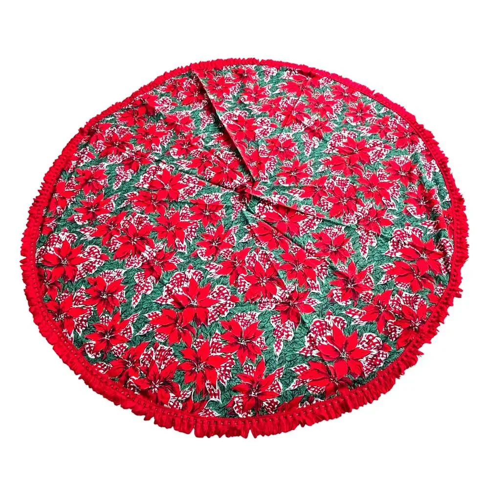 Vintage Christmas holiday tablecloth hand made with yarn fringe round red green